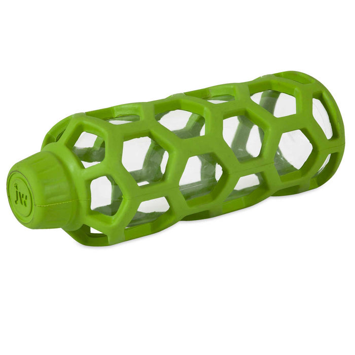 The JW Hol-ee Water Bottle Dog Toy by JW Pet features a clear glass bottle with a green, honeycomb-patterned silicone sleeve and matching cap—ideal as a fun dog chew toy or for interactive play.