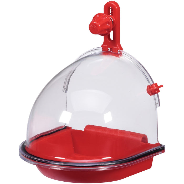 The JW Insight Bird Bath by JW Pet is a red and clear plastic bird accessory with a dome cover, red top knob, and tray, designed to easily attach to your window or wall for pet birds.