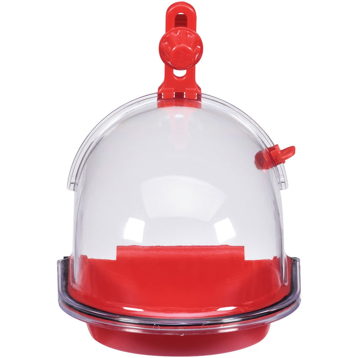 The JW Insight Bird Bath by JW Pet is a clear plastic dome-shaped accessory with a red base, a top hook for hanging, a small perch, and an adjustable side opening for easy access.