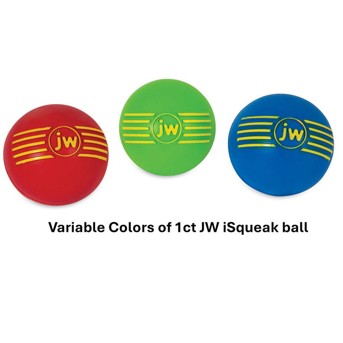 Three JW Pet iSqueak Ball 1pack dog toys in assorted colors, each featuring yellow stripes and the JW logo, are shown above the text "Variable Colors of 1ct JW iSqueak Ball.