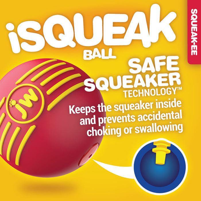 The JW Pet iSqueak Ball 1pack (available in various colors) features SAFE SQUEAKER technology, with a secured squeaker to help prevent choking or swallowing, as highlighted in the product diagram.