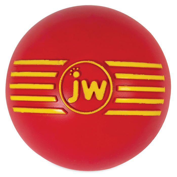 The JW Pet iSqueak Ball 1pack is a durable rubber dog toy in variable colors, featuring yellow "jw" letters and stripes—perfect for safe, fun playtime with your pup.
