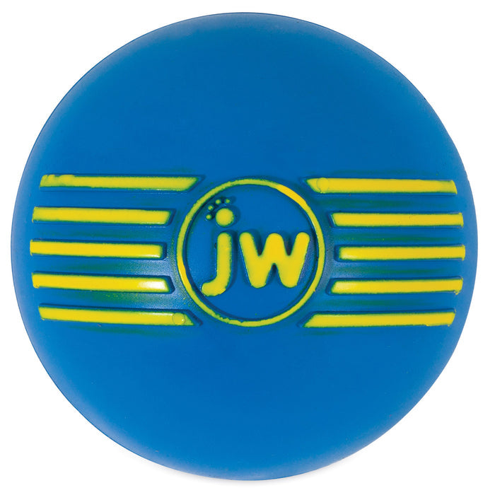 The JW iSqueak Ball by JW Pet is a durable rubber dog toy featuring a blue design with yellow stripes and "jw" in the center; ideal as a safe chew toy. Available in variable colors, 1 pack.