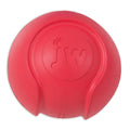 The JW Pet JW iSqueak Bouncin' Baseball is a red rubber dog toy with embossed "jw" lettering and paw print, plus two curved indents for grip—durable and perfect for play.