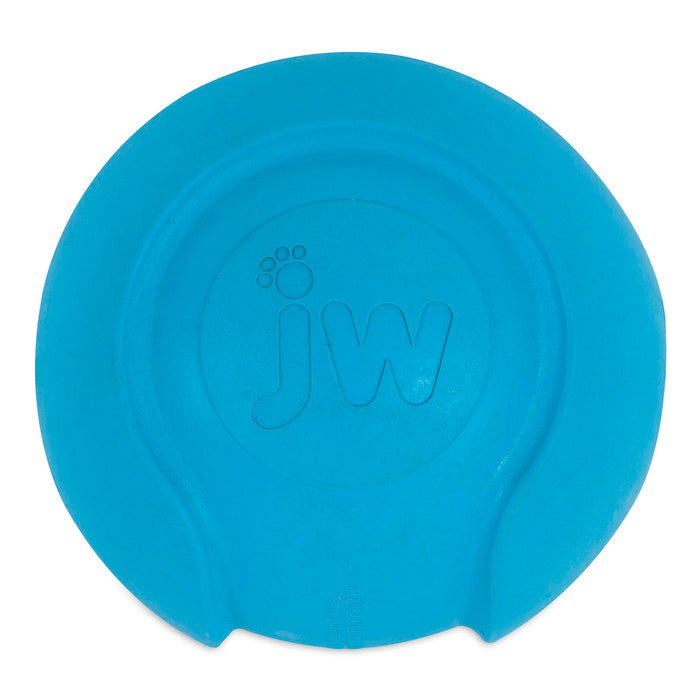 A vibrant blue JW iSqueak Bouncin' Baseball by JW Pet, featuring the "jw" lettering and paw print logo on the center. Designed for dogs who love fetch, this rubber toy is durable and easy for pups to carry.