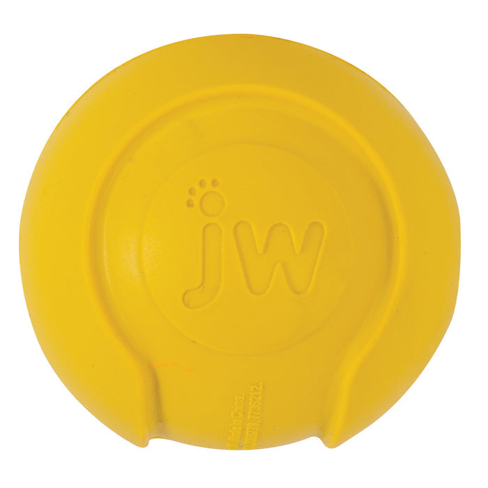 The JW Pet JW iSqueak Bouncin' Baseball is a round, bright yellow dog toy with raised edges, two small notches at the bottom, and "jw" plus a paw print embossed in the center.