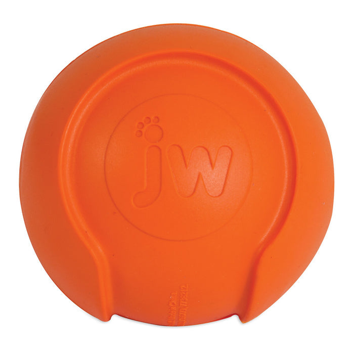The JW Pet JW iSqueak Bouncin' Baseball is a round orange rubber dog toy ball with "jw" and a paw print embossed on it. It looks like a rubber baseball, featuring two curved indentations on one side.