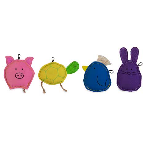 The JW Meet the Famil-ee Catnip Cat Toy Combo by JW Pet features four colorful, flat animal toys—pig, turtle, bird, and rabbit—each filled with organic catnip and finished with stitched details for irresistible feline fun.