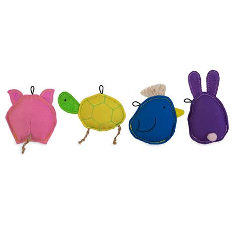 The JW Meet the Famil-ee Catnip Cat Toy Combo by JW Pet features four durable felt animal toys—a pink pig, green turtle, blue bird, and purple bunny—with minimal stitched details, all shown from the back in a playful row.