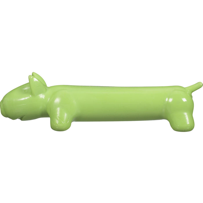 The JW Pet JW Megalast Long Dog Squeaker Toy is a green, elongated, dog-shaped TPR toy with small ears and a short tail, shown in profile against a white background.