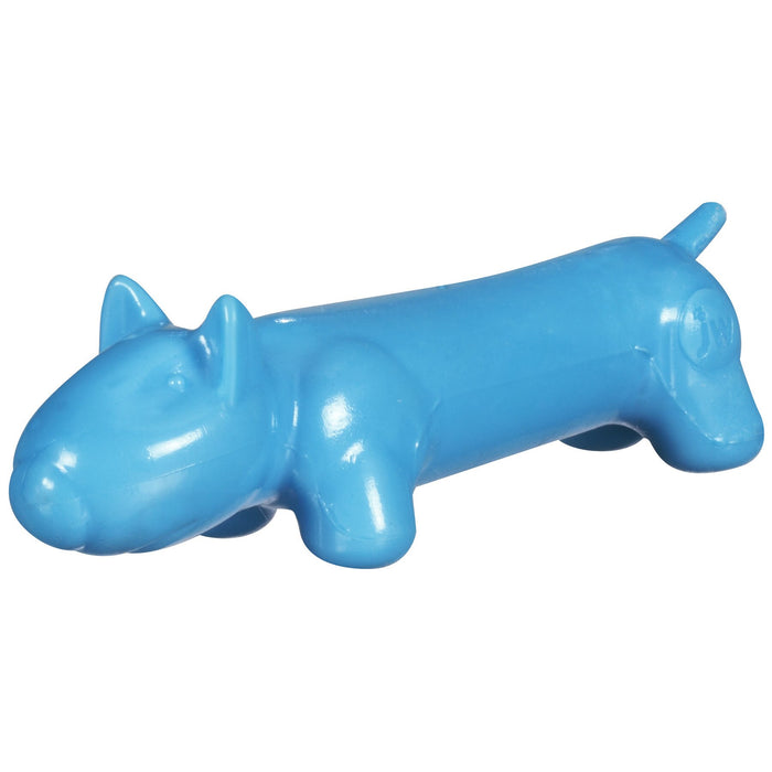 The JW Pet JW Megalast Long Dog Squeaker Toy is a blue TPR dachshund-shaped dog toy with short legs, long body, pointed ears, and small tail—durable for tough chewing and long-lasting fun.