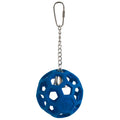 The JW Pet Hol-ee Roller Bird Toy by JW Pet is a blue natural rubber bird ball with hexagonal cutouts, attached to a metal chain and clip, and has a silver bell inside for engaging play in any parrot's cage.