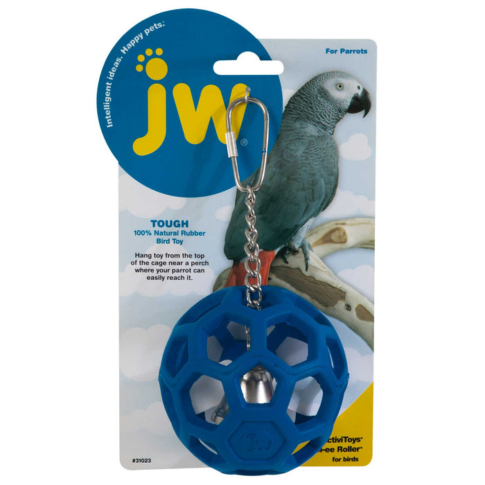 The JW Pet Hol-ee Roller Bird Toy is a blue natural rubber toy with a bell inside, attached to a metal chain clip and displayed in parrot-illustrated packaging with the JW Pet logo—a fun addition to any bird cage.