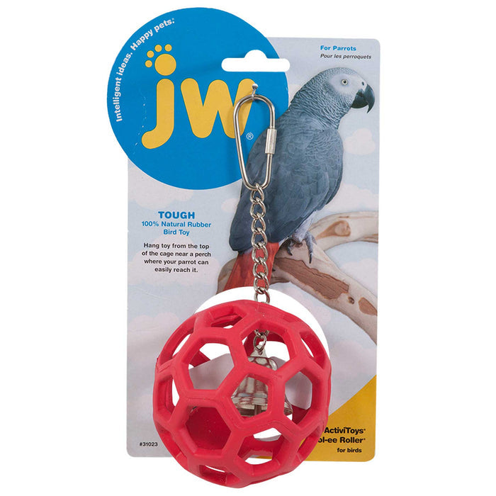 The JW Pet Hol-ee Roller Bird Toy by JW Pet is a natural rubber toy with hexagonal holes, a chain, and clip, packaged in blue with an African Grey parrot image, labeled as a cage parrot toy.