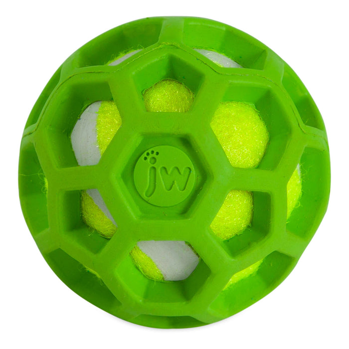 The JW ProTen Hol-ee Roller Dog Toy by JW Pet features a green rubber hexagonal lattice shell encasing a yellow and white tennis ball, with "jw" embossed at the center.