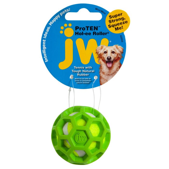 The JW Pet ProTen Hol-ee Roller Dog Toy, in green packaging with a smiling dog, highlights “Super Strong, Squeeze Me!” and “Tennis with Tough Natural Rubber.” Ideal for fetch and durable play sessions.