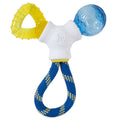 The JW Pet JW Puppy Connects Teething Chew Toy features a white connector, a textured yellow triangle, a blue ball, and a braided rope loop—ideal as a teething ring for playful pups.