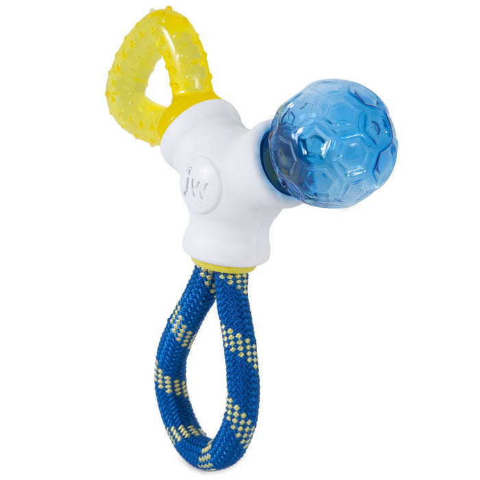 The JW Pet JW Puppy Connects Teething Chew Toy features a white plastic center, textured yellow rubber handle, blue textured ball, and blue-and-yellow braided rope—perfect for puppies as a chew toy or teething ring.