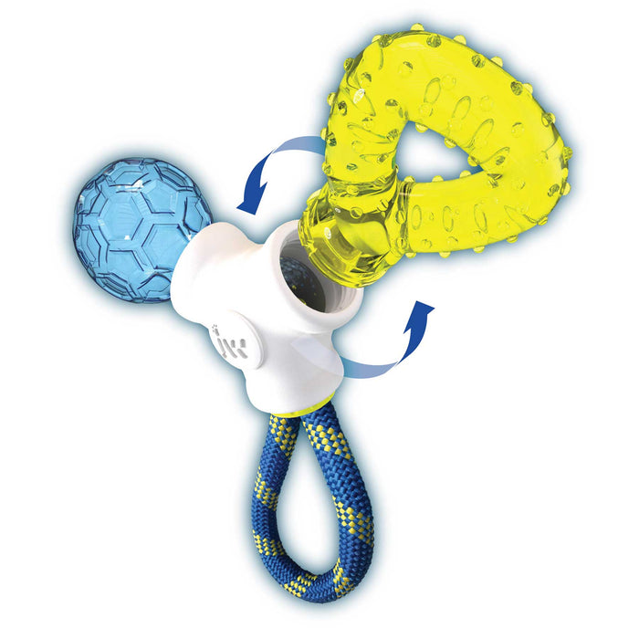 The JW Puppy Connects Teething Chew Toy by JW Pet features a blue textured ball, yellow spiked teething ring, white connector, and a blue-yellow rope loop with rotating parts—ideal for playful puppies.