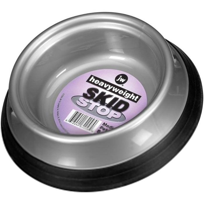 The JW Pet JW Skid Stop Heavyweight Bowl is a silver non-slip pet bowl with a black rubber base and a purple sticker inside featuring the product name, barcode, and details highlighting its durability and skid-resistant design.