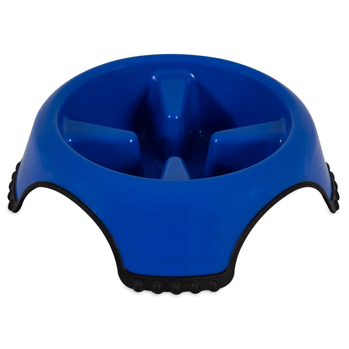 The JW Pet JW Skid Stop Slow Feed Bowl is a blue plastic bowl with raised sections to slow down fast eaters and black skid stop grips for stability.