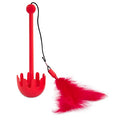 The JW Pet JW Swatical Cat Toy is a red interactive set with a ball-shaped wobbling base with prongs, a tall rod, and a detachable tease wand featuring bright red feathers on a string.