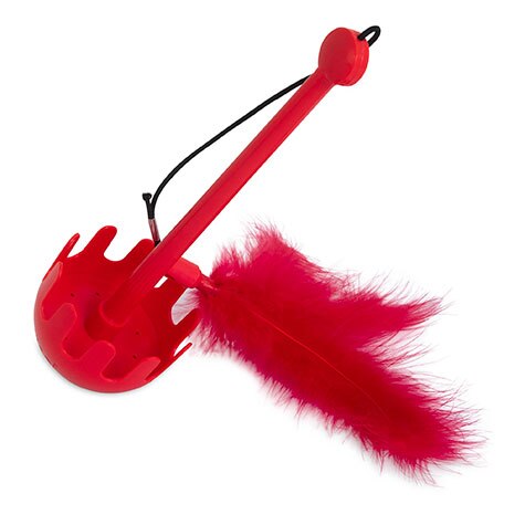 The JW Swatical Cat Toy by JW Pet is a red plastic pasta server with a long handle and feather decoration, featuring a loop at the end—perfect for interactive playtime with your cat.