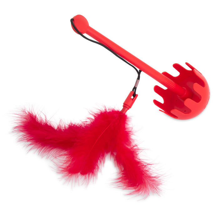 The JW Swatical Cat Toy by JW Pet is a red plastic interactive cat toy with a scoop-shaped end featuring cutouts, a black elastic strap, and bright red feathers on the handle for endless feline fun.