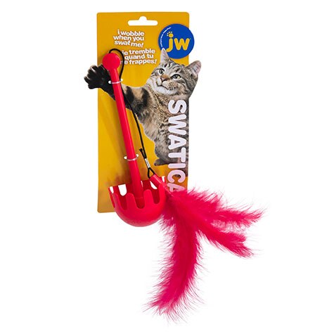 The JW Swatical Cat Toy by JW Pet is an interactive toy with a red plastic paw on a stick, pink feathers, and comes in yellow packaging featuring a cat photo.