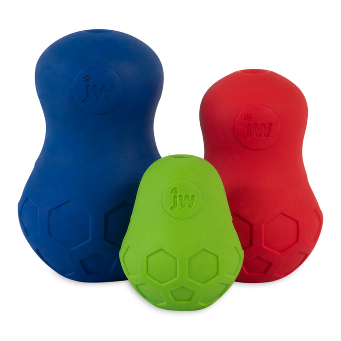 The JW Pet JW Tumble Teez Dog Toy is a durable rubber treat dispenser in blue, green, or red, featuring a textured hexagonal pattern and jw embossed on top. Available in multiple sizes, it stands upright for interactive play.