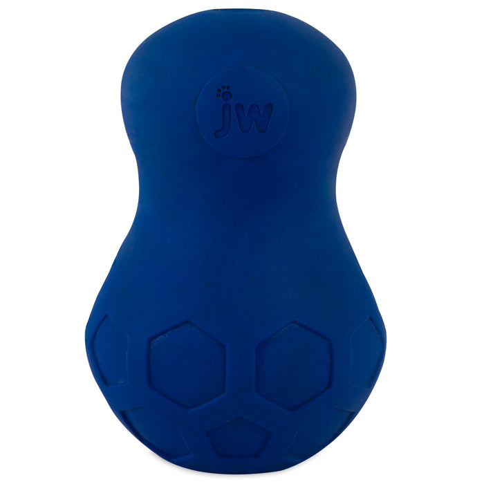 The JW Tumble Teez Dog Toy by JW Pet is a blue, durable rubber peanut-shaped treat dispenser with a hexagonal pattern on the lower half and an indented JW logo on the upper half, designed for extra fun.
