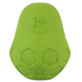The JW Tumble Teez Dog Toy by JW Pet is a durable green rubber toy with a pear shape, hexagonal pattern, and “jw” paw print—ideal as an interactive puzzle toy for your dog.