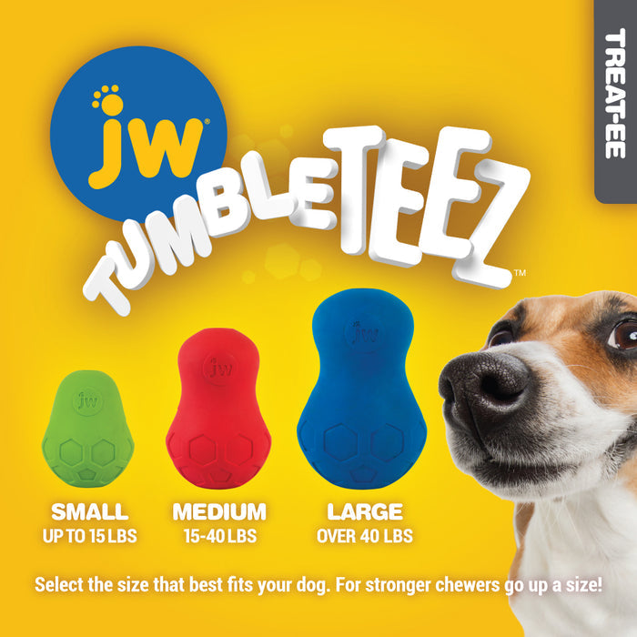 Three JW Pet JW Tumble Teez Dog Toys—small (green, up to 15 lbs), medium (red, 15-40 lbs), and large (blue, over 40 lbs)—sit on a yellow background as a curious dog peeks in from the right.