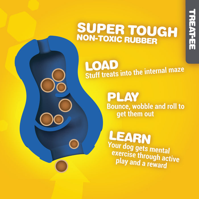 An illustration of the JW Pet JW Tumble Teez Dog Toy in blue shows treats inside its maze-like design. Text highlights its durable rubber, treat-loading feature, fun play, and mental stimulation for dogs.