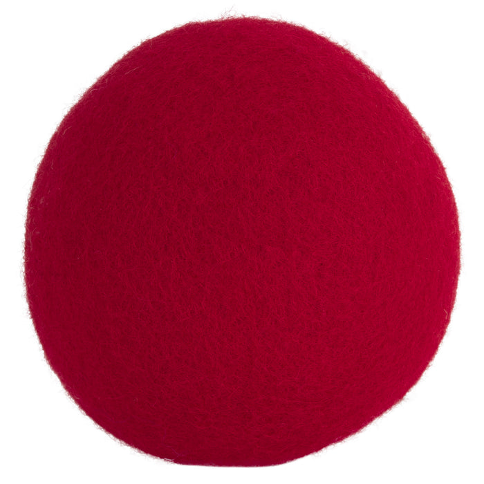 The JW Pet JW Wool-ee Ball, a round, textured, solid red eco-friendly dog toy, is displayed against a plain white background.