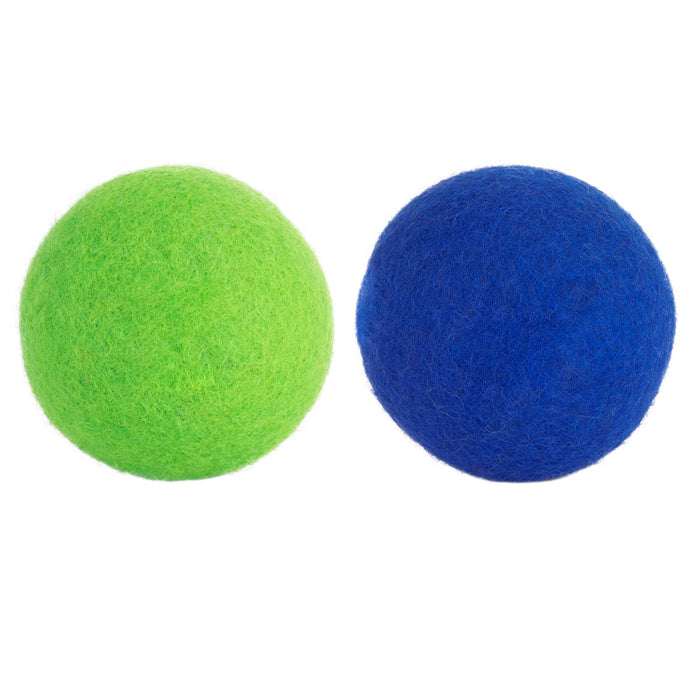 The JW Pet JW Wool-ee Ball, made from natural wool, features one bright green and one dark blue fuzzy ball side by side on a white background—an eco-friendly dog toy ideal for play and dental health.