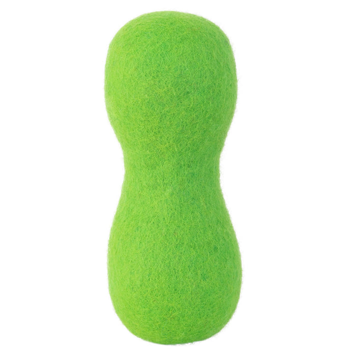 The JW Pet JW Wool-ee Bone is a bright green, peanut-shaped dog toy with a fuzzy wool texture, displayed against a white background.