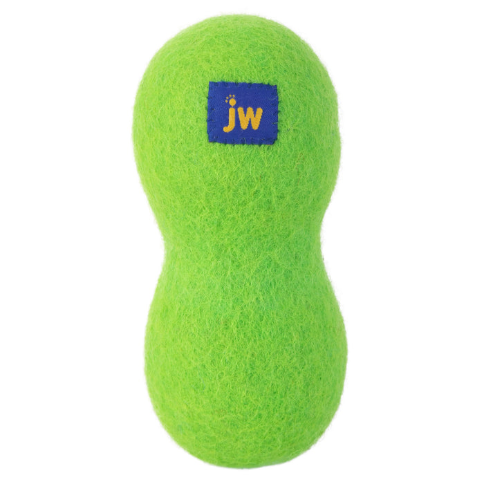 The JW Pet Wool-ee Bone is a bright green, fuzzy, peanut-shaped antimicrobial dog toy featuring a small blue patch labeled "jw" near the top.