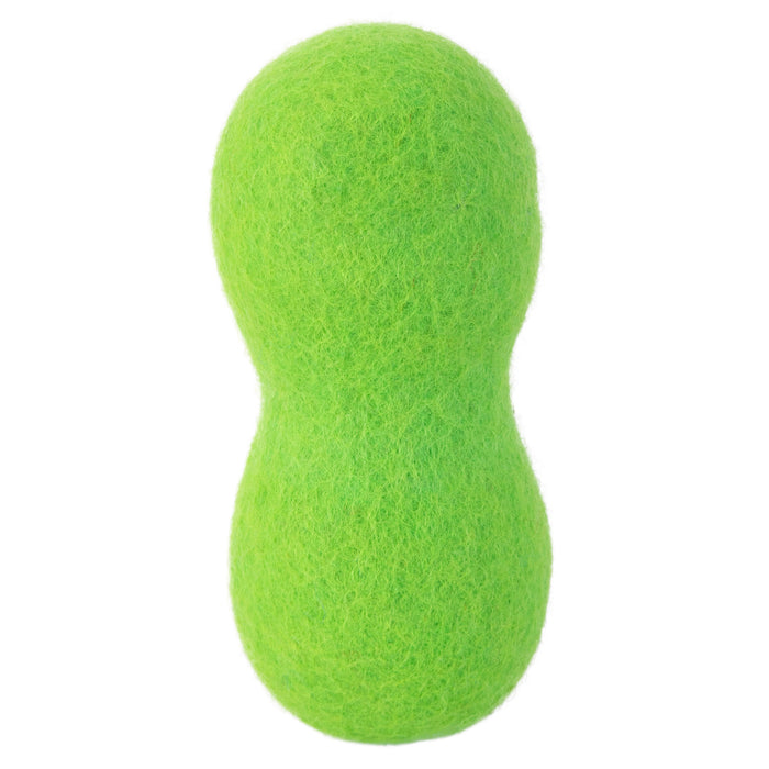 The JW Pet JW Wool-ee Bone is a bright green, peanut-shaped biodegradable dog toy made of fuzzy tennis ball material, shown against a white background.