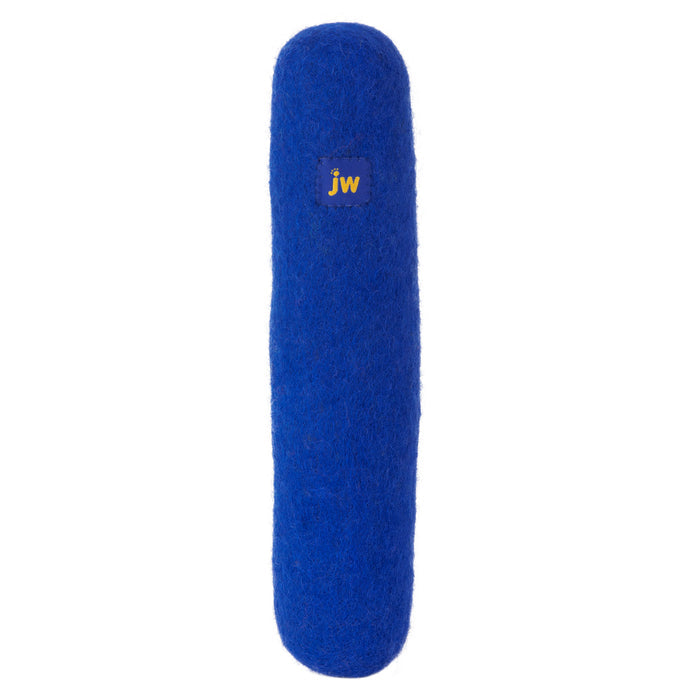 The JW Wool-ee Crunch Stick by JW Pet is a long, cylindrical blue dental dog toy with fuzzy material and a small JW logo near the top center.