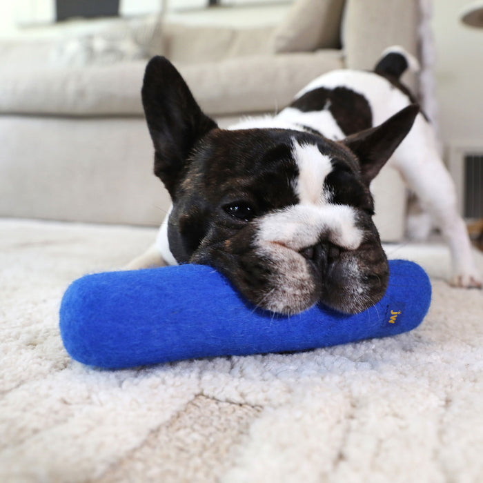 A black and white French Bulldog lies on a carpet, playfully biting the JW Pet JW Wool-ee Crunch Stick dog toy with its front paws stretched forward. A beige couch is in the background.