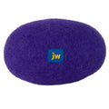 The JW Wool-ee Football by JW Pet is a round, fuzzy, purple dog toy with a small blue label featuring yellow "jw" letters in the center—an antimicrobial football perfect for playful pups.