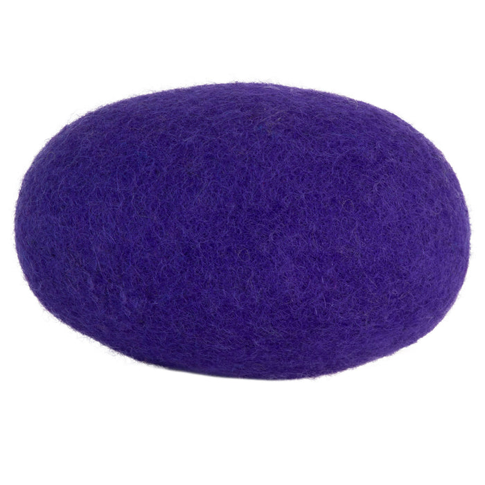 The JW Pet JW Wool-ee Football is a large, smooth, oval-shaped dog toy covered in fuzzy purple felt with antimicrobial properties—perfect for playtime and shown against a white background.