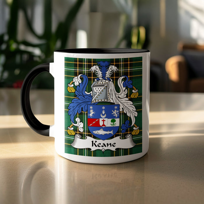 Keane family crest on tartan mug — white ceramic with black handle