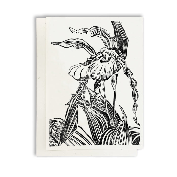 Lady Slipper Pair. A casually elegant botanical card featuring a digital reproduction of a block print design with the same title by Natalia Wohletz of Peninsula Prints, Milford and Mackinac Island, Michigan.