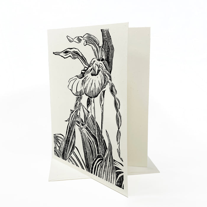 Lady Slipper Pair. A casually elegant botanical card featuring a digital reproduction of a block print design with the same title by Natalia Wohletz of Peninsula Prints, Milford and Mackinac Island, Michigan.