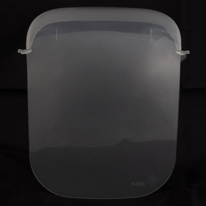 The Large Hooded Litter Pan Replacement Door by Petmate, a clear plastic face shield with rounded edges, stands out against a black background. It includes two small hooks on the sides for secure attachment.