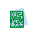 Green card with white floral designs and 'Love is so cool!' text, on a white background