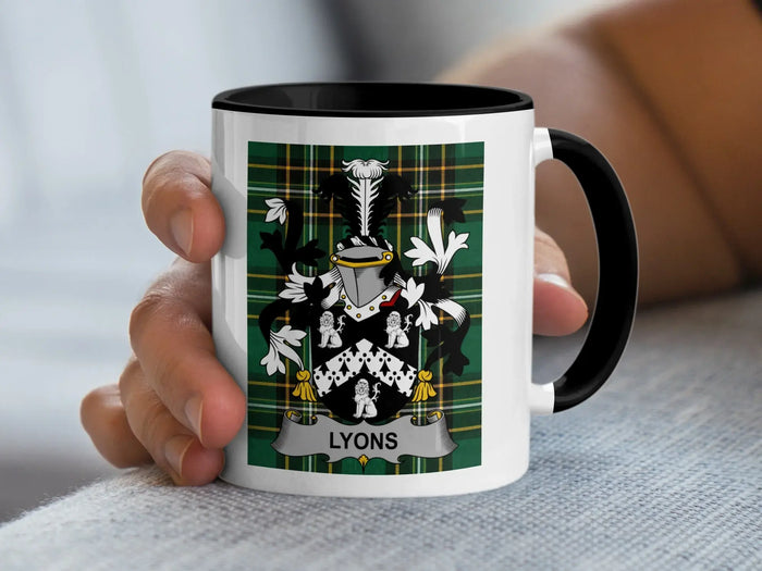 Lyons Irish family crest black accent mug
