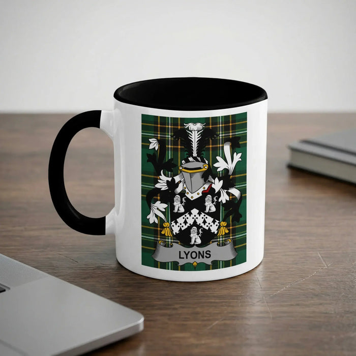 Lyons Irish heritage mug with black handle and family crest
